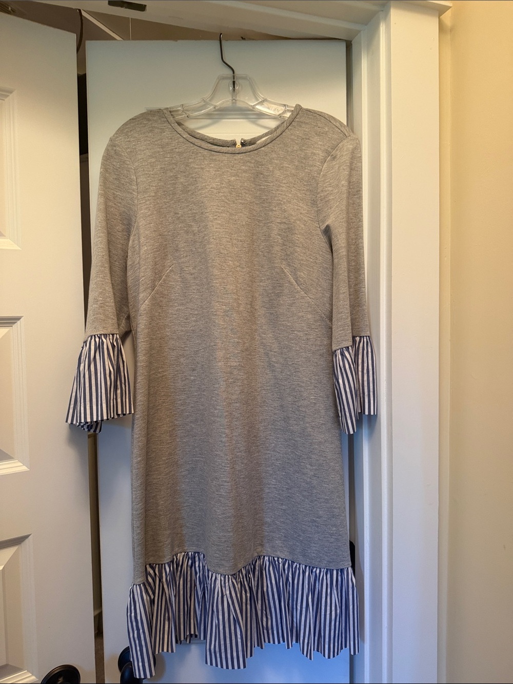 Gray Sweatshirt Dress with Blue-White Stripe Ruffle detail
